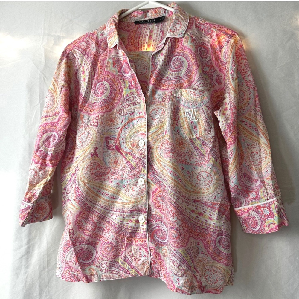 Lauren Ralph Lauren Pink Paisley Pajama Set Women's S 3/4 Sleeve Cropped Pant - Picture 2 of 10